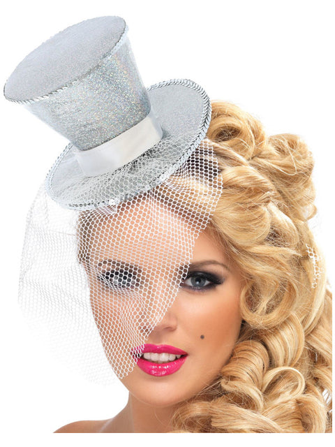 Fever Mini Top Hat on Headband, Silver Dress Loud