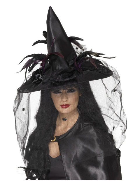 Witch Hat, Feathers & Netting, Black Dress Loud