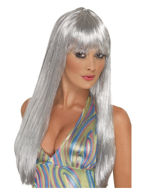 Glitter Disco Wig, Silver Dress Loud