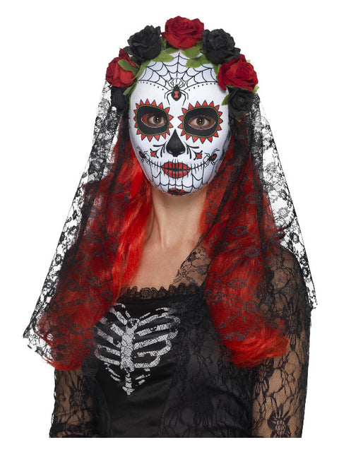 Day of the Dead Senorita Mask, Full Face, Red & Bl Dress Loud