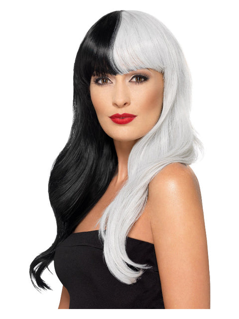 Deluxe Wig, Half & Half With Fringe, Black & Grey Dress Loud