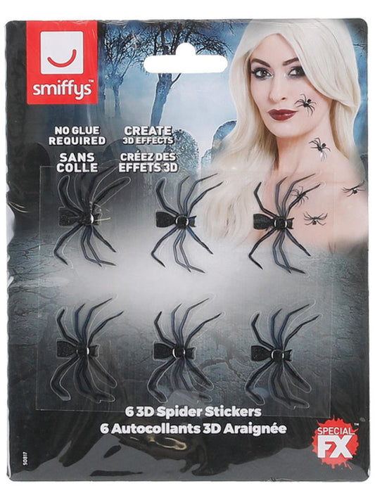 Smiffys Make-Up FX, 3D Spider Stickers, Black