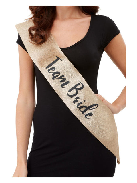Deluxe Glitter Team Bride Sash, Gold & Black Dress Loud