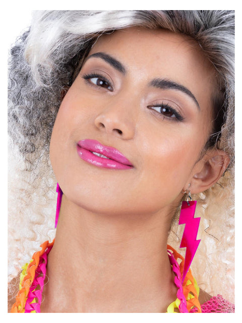80s Neon Lightning Bolt Earrings, Pink Dress Loud