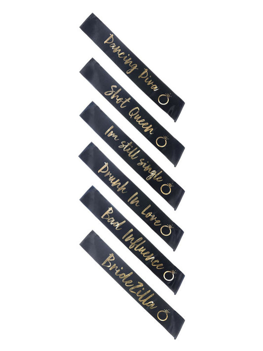 Hen Party Funny Sashes, 6Pk, Black & Gold