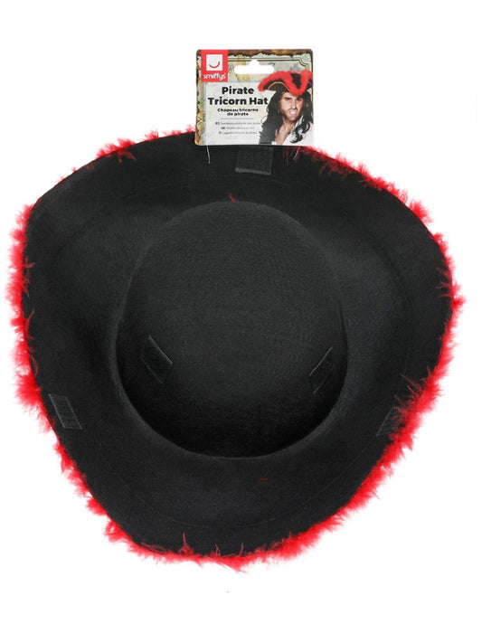 Pirate Tricorn Hat, Red Feather, Black