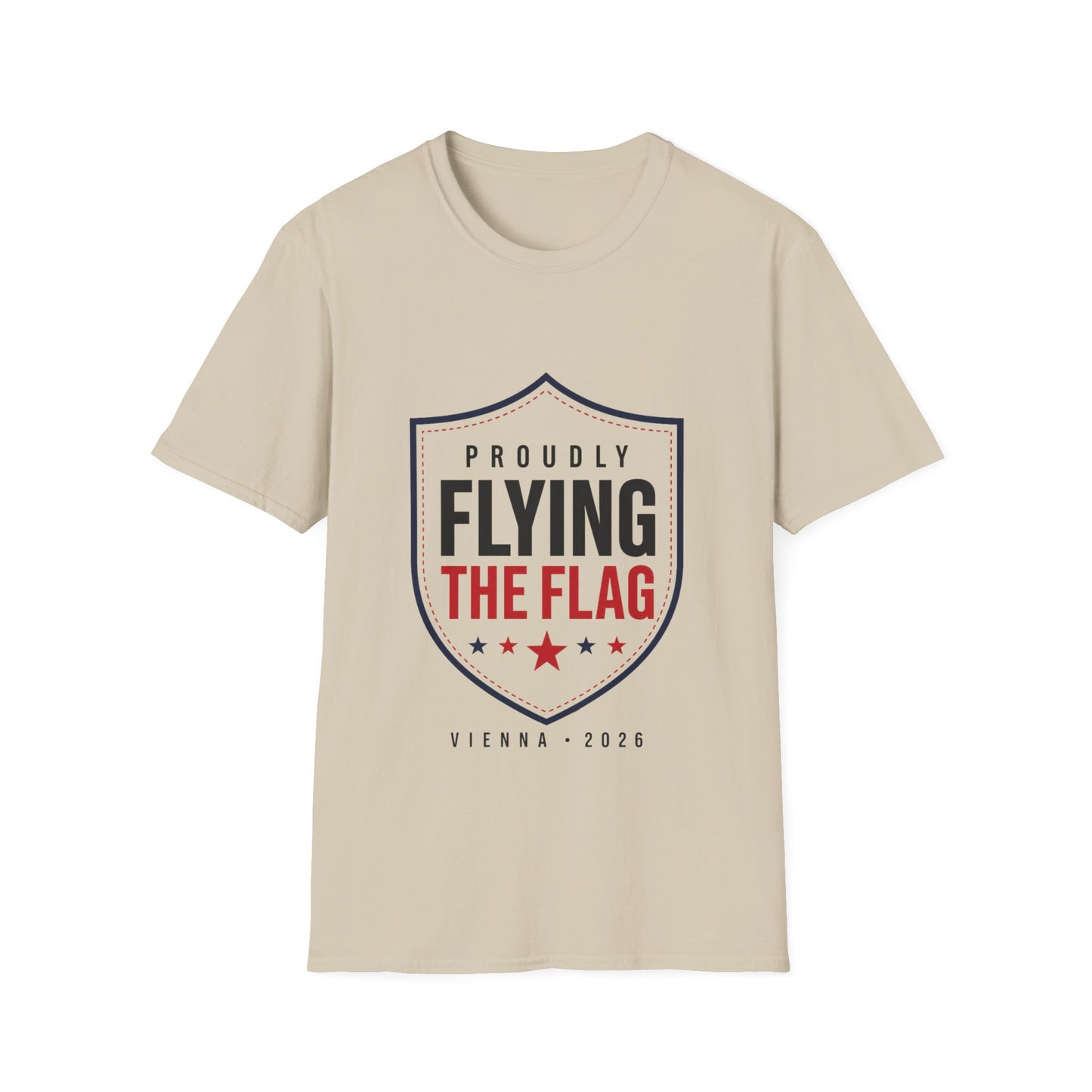Proudly Flying the Flag T-Shirt — Patriotic Shield Graphic, Vienna 2026