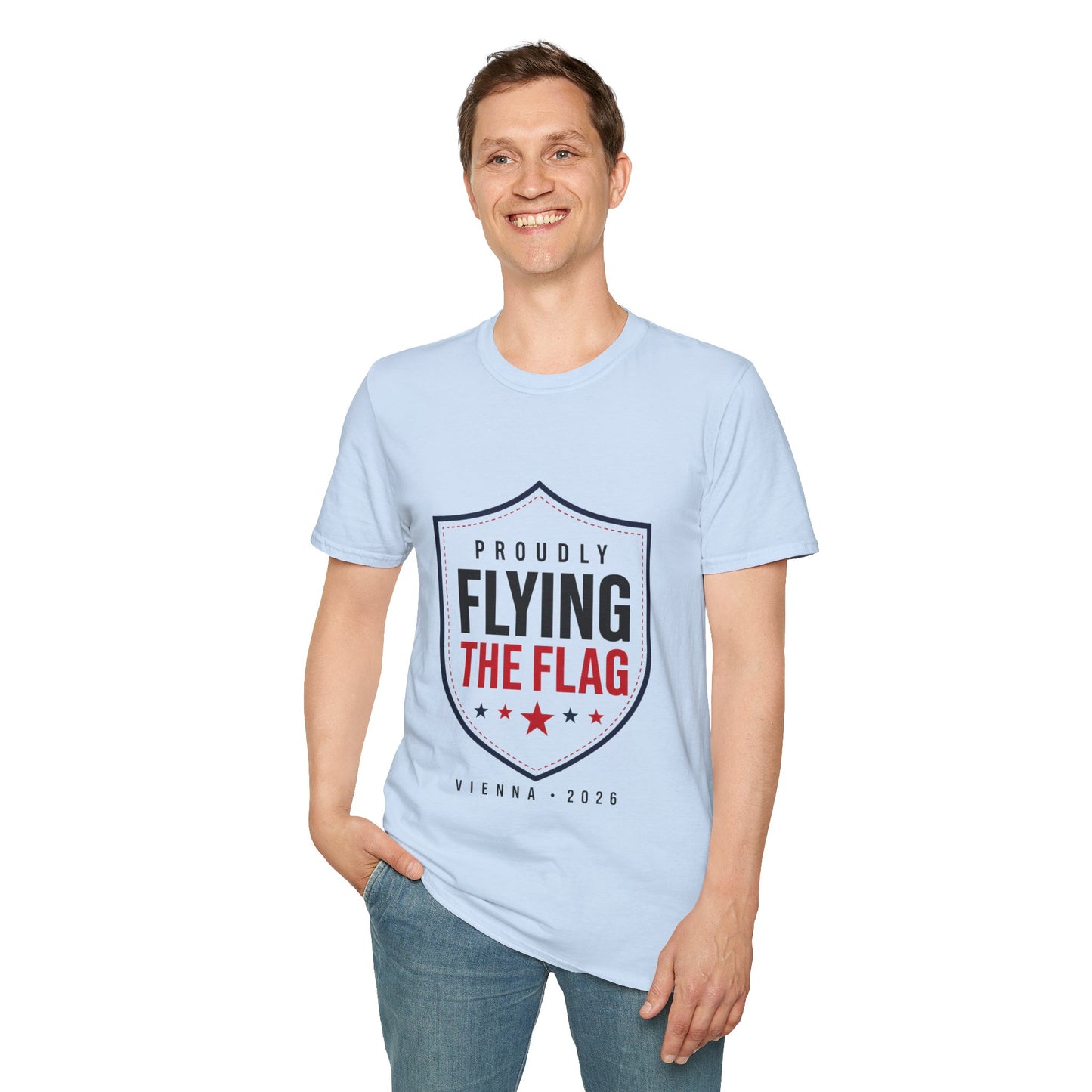 Proudly Flying the Flag T-Shirt — Patriotic Shield Graphic, Vienna 2026