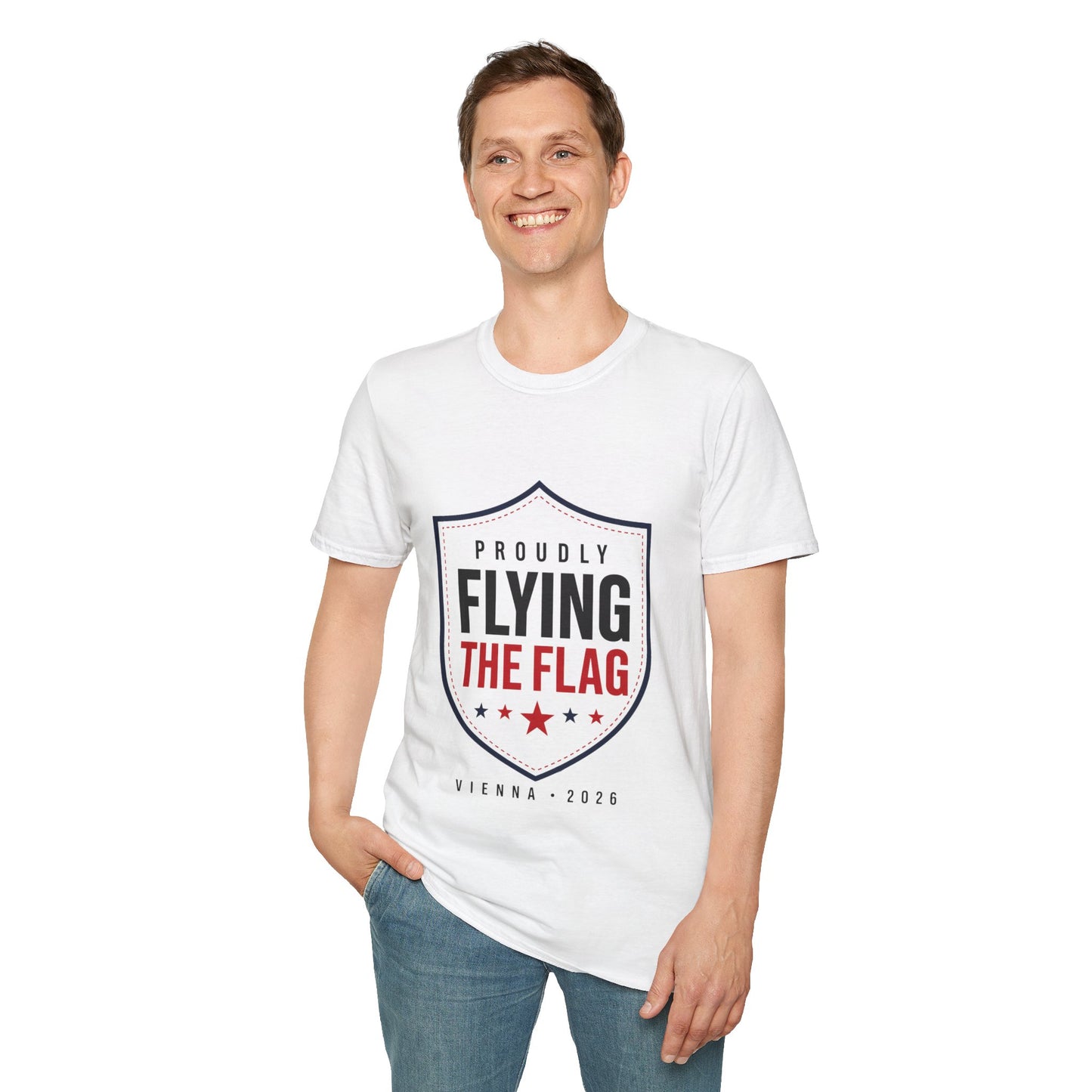 Proudly Flying the Flag T-Shirt — Patriotic Shield Graphic, Vienna 2026