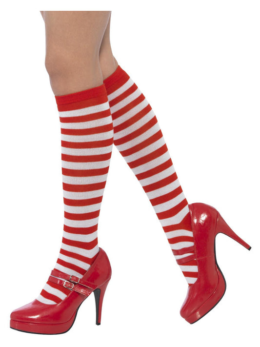 Striped Socks, Long, Red & White