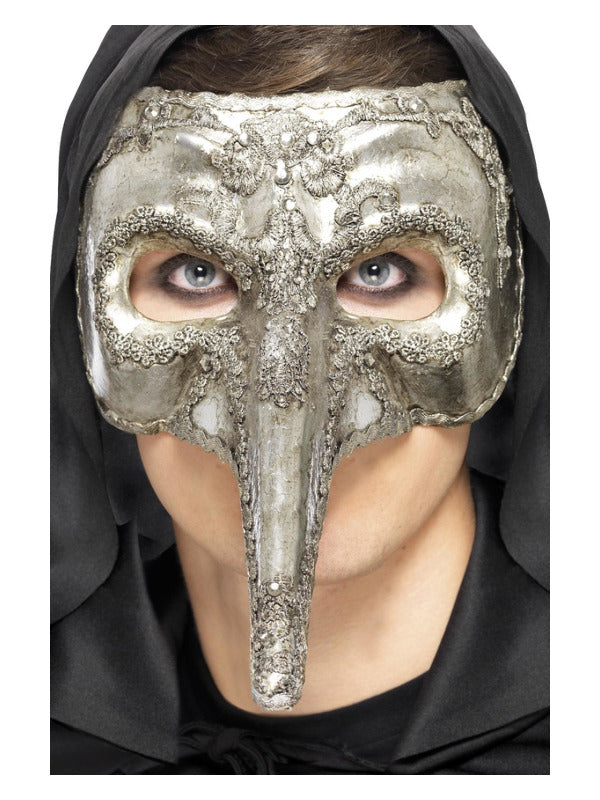 Luxury Venetian Capitano Mask, Silver Dress Loud