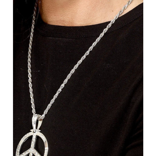 60s Peace Sign Hippie Medallion, Silver Dress Loud