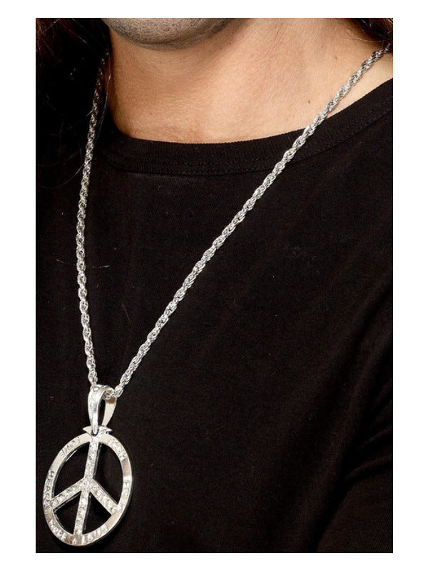 60s Peace Sign Hippie Medallion, Silver Dress Loud
