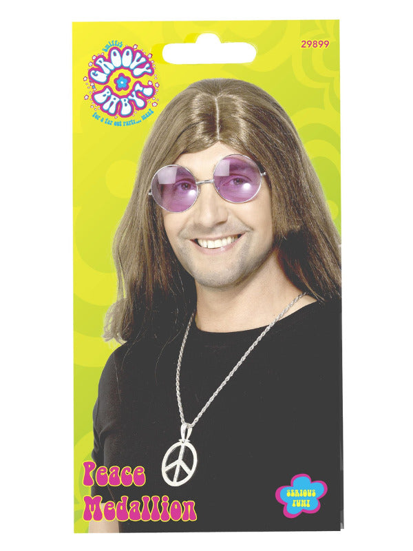 60s Peace Sign Hippie Medallion, Silver Dress Loud