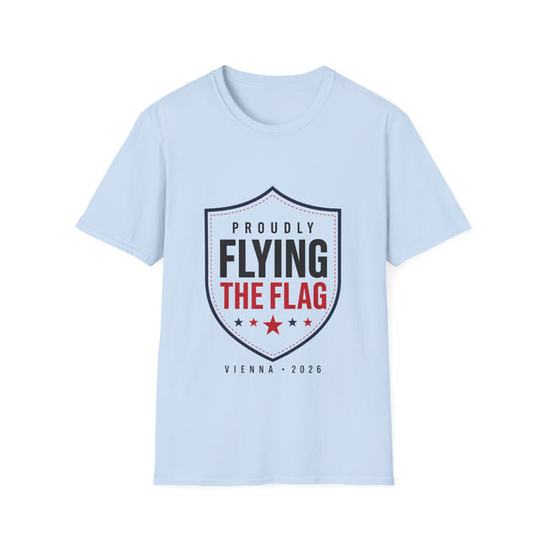 Proudly Flying the Flag T-Shirt — Patriotic Shield Graphic, Vienna 2026