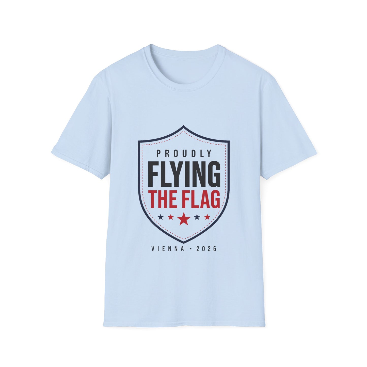 Proudly Flying the Flag T-Shirt — Patriotic Shield Graphic, Vienna 2026