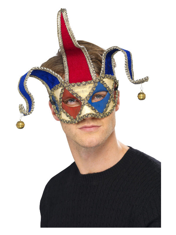 Venetian Musical Jester Eyemask, Red & Blue Dress Loud