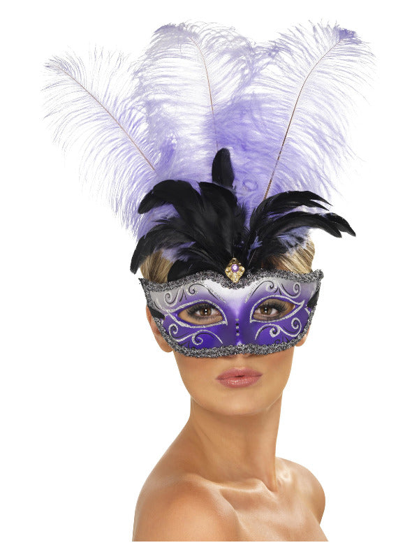 Venetian Colombina Eyemask with Multicolour Plume, Dress Loud