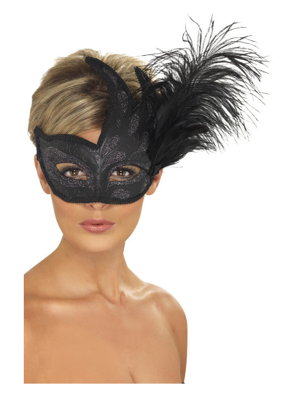 Ornate Colombina Feather Mask, Black Dress Loud