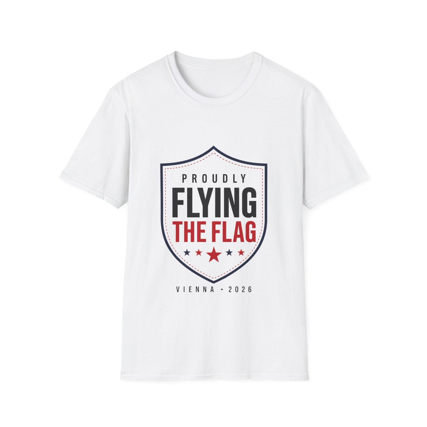 Proudly Flying the Flag T-Shirt — Patriotic Shield Graphic, Vienna 2026