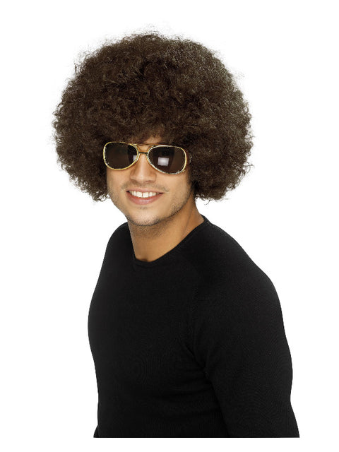 70s Funky Afro Wig, Brown Dress Loud