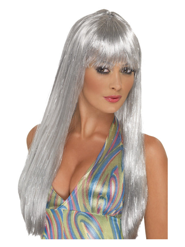 Glitter Disco Wig, Silver Dress Loud