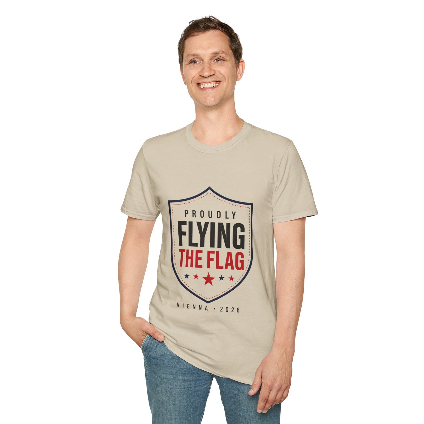 Proudly Flying the Flag T-Shirt — Patriotic Shield Graphic, Vienna 2026