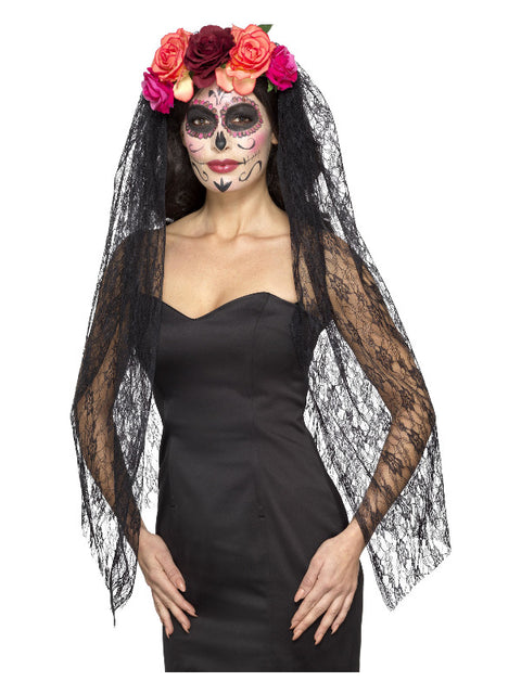 Deluxe Day of the Dead Headband, Red & Black Dress Loud