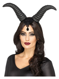 Demonic Queen Horns, on Headband, Black Dress Loud
