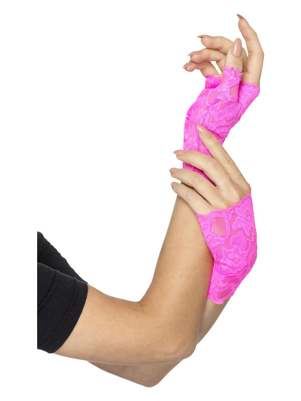 80s Fingerless Lace Gloves, Neon Pink Dress Loud