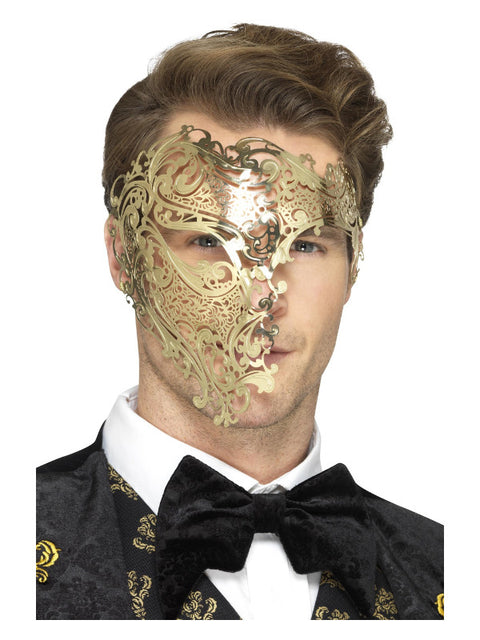 Deluxe Metal Filigree Phantom Mask, Gold Dress Loud