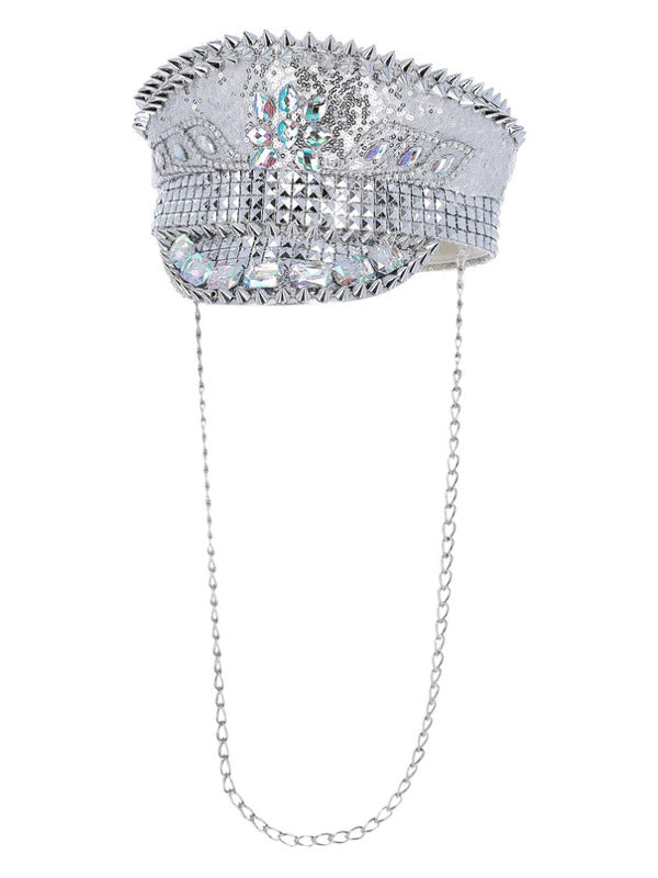 Fever Deluxe Sequin Studded Captains Hat, Silver Dress Loud