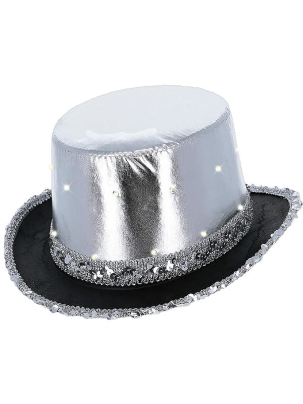 LED Light Up Metallic Top Hat, Silver Dress Loud
