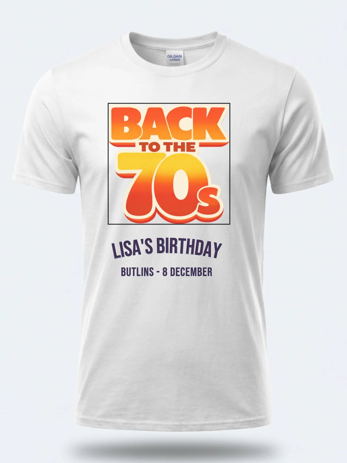 Personalised We Love the 70s Big Weekender Tee — white tee, front view