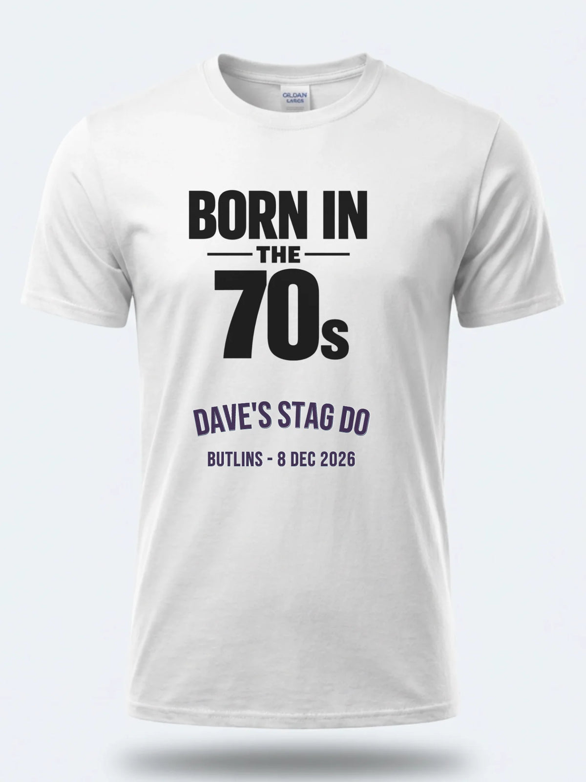 Personalised We Love the 70s Big Weekender Tee — white tee, front view