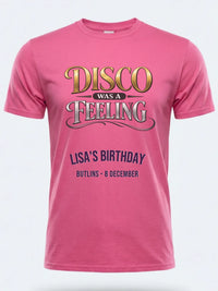 Personalised We Love the 70s Big Weekender Tee — pink tee, front view