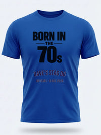 Personalised We Love the 70s Big Weekender Tee — royal blue tee, front view