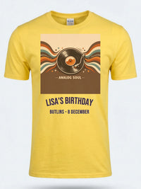 Personalised We Love the 70s Big Weekender Tee — daisy yellow tee, front view