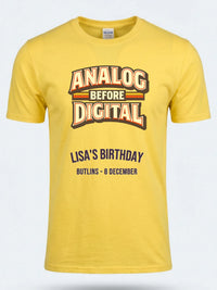 Personalised We Love the 70s Big Weekender Tee — daisy yellow tee, front view