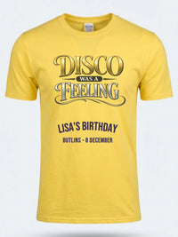 Personalised We Love the 70s Big Weekender Tee — daisy yellow tee, front view