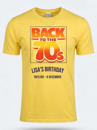 Personalised We Love the 70s Big Weekender Tee — daisy yellow tee, front view