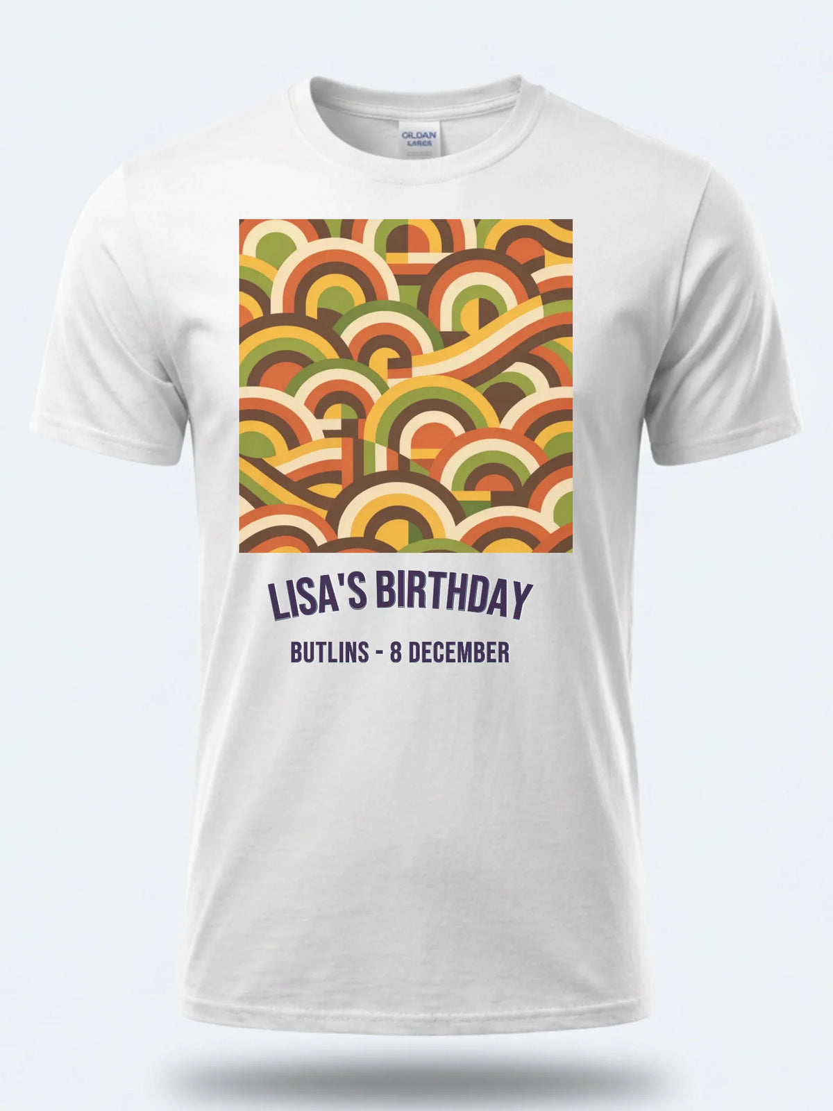 Personalised We Love the 70s Big Weekender Tee — white tee, front view