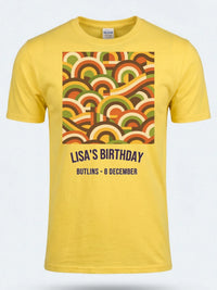 Personalised We Love the 70s Big Weekender Tee — daisy yellow tee, front view