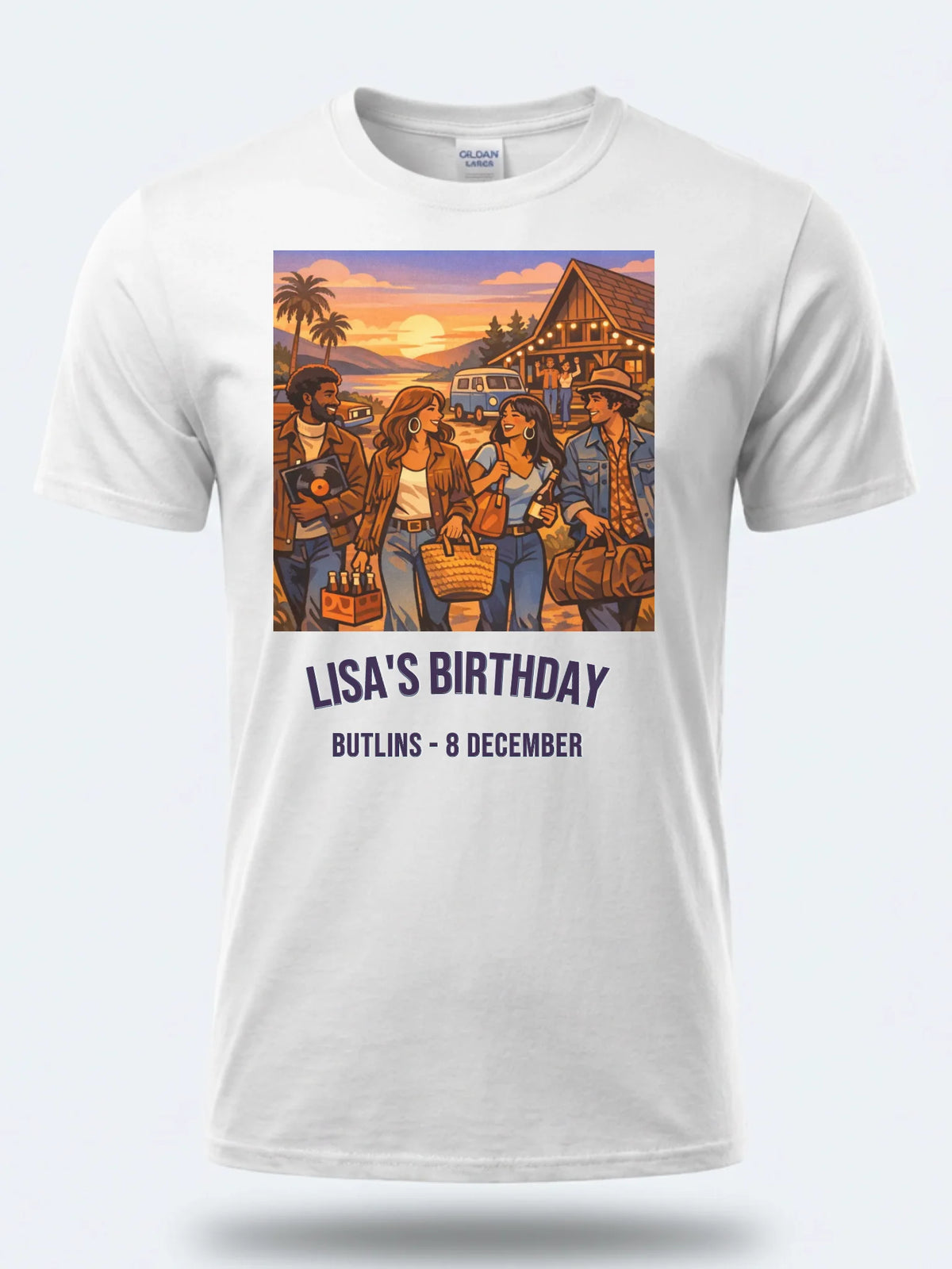 Personalised We Love the 70s Big Weekender Tee — white tee, front view