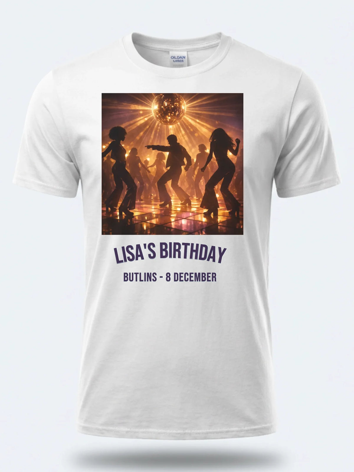 Personalised We Love the 70s Big Weekender Tee — white tee, front view