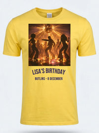Personalised We Love the 70s Big Weekender Tee — daisy yellow tee, front view