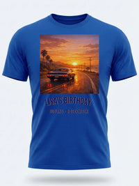 Personalised We Love the 70s Big Weekender Tee — royal blue tee, front view