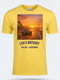 Personalised We Love the 70s Big Weekender Tee — daisy yellow tee, front view