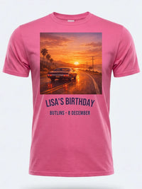 Personalised We Love the 70s Big Weekender Tee — pink tee, front view