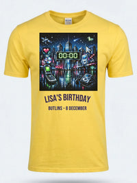 Personalised Back to 2000s Big Weekender Tee — daisy yellow tee, front view